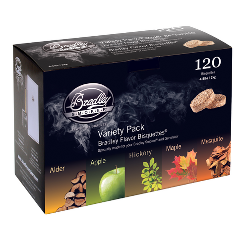 Bradley 120 Variety Pack (24 ea Apple, Alder, Mesquite, Hickory, and Maple Bisquettes) - BT5FV120