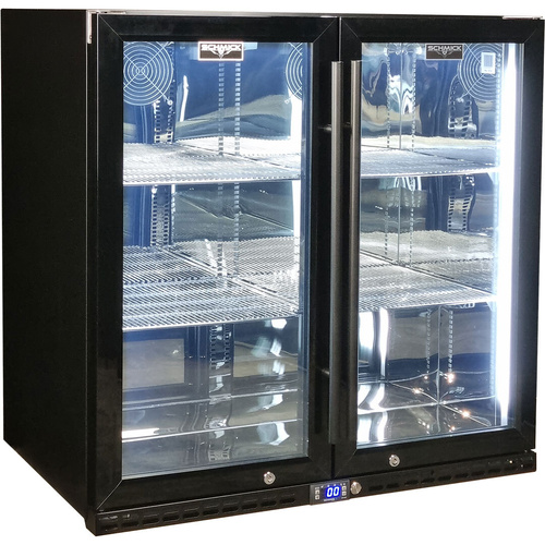 Schmick Black Quiet Running Front Venting Under Bench Heated Glass 2 Door Bar Fridge Model SK245-B-HD