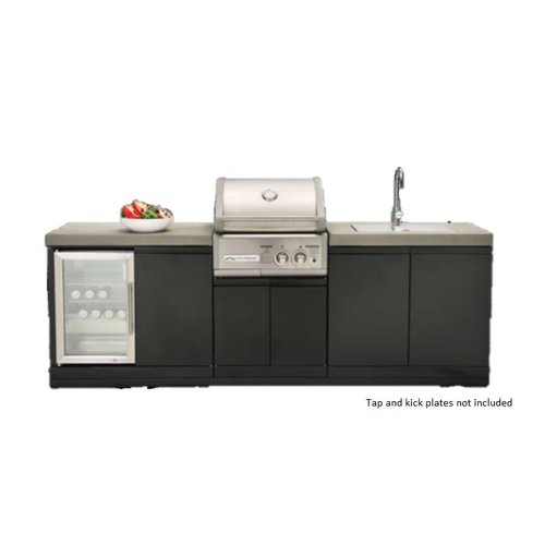 CROSSRAY Outdoor Kitchen with 2 Burner BBQ with double side cabinets, flat benchtops, single SS fridge (63L), 304SS under-bench sink included -TC2K-04