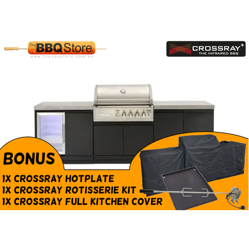 Crossray Kitchen Double side cabinets with flat benchtops and single fridge (R)-TC4K-07-BUN With Bonus Full Kitchen Cover, Hotplate & Rotisserie Kit