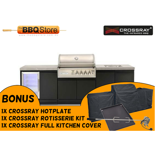 Crossray Kitchen BBQ Burner Double side cabinets with 1 x flat benchtop (L), under bench sink (R) and single fridge (L) - TC4K-08-BUN With Bonus Full